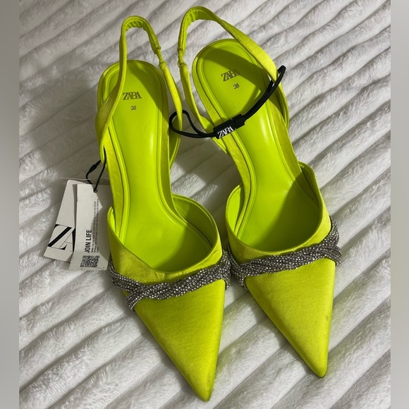 Zara Shoes - Zara Neon Satin Effect Rhinestone Heels